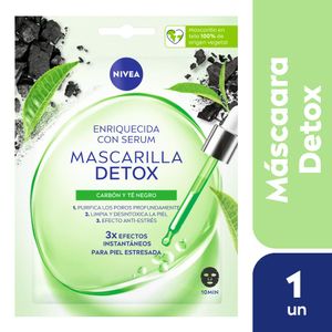 Mascarilla De Tela Detox Con Sérum,  Carbón y Té Negro Para Piel Estresada